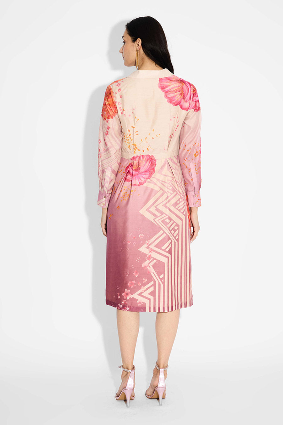 Beige Ombre Floral Pleated Dress