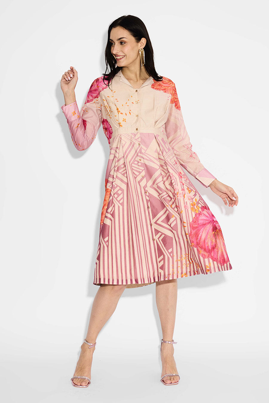 Beige Ombre Floral Pleated Dress
