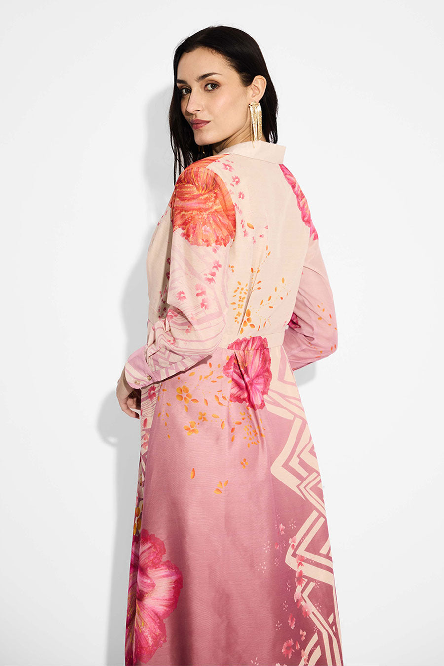 Beige Ombre Floral Pleated Dress
