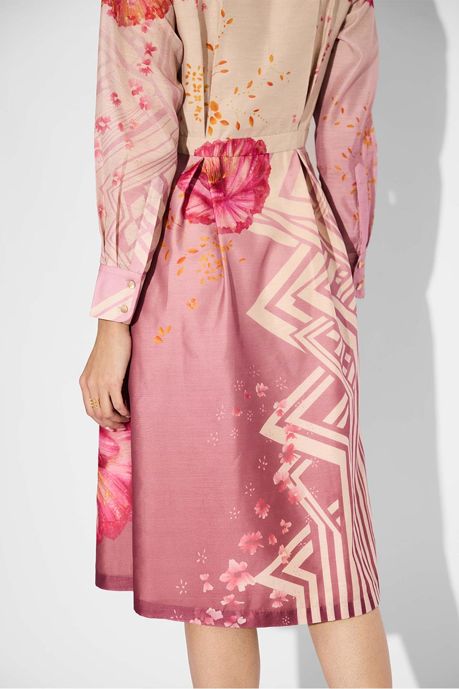 Beige Ombre Floral Pleated Dress