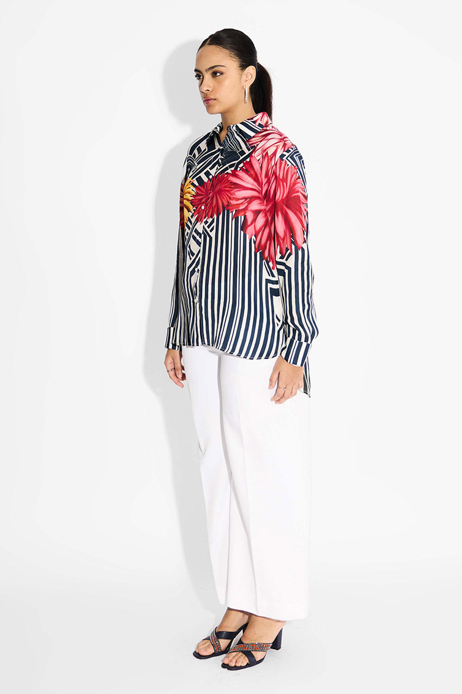 Blue Floral Striped High-Low Shirt