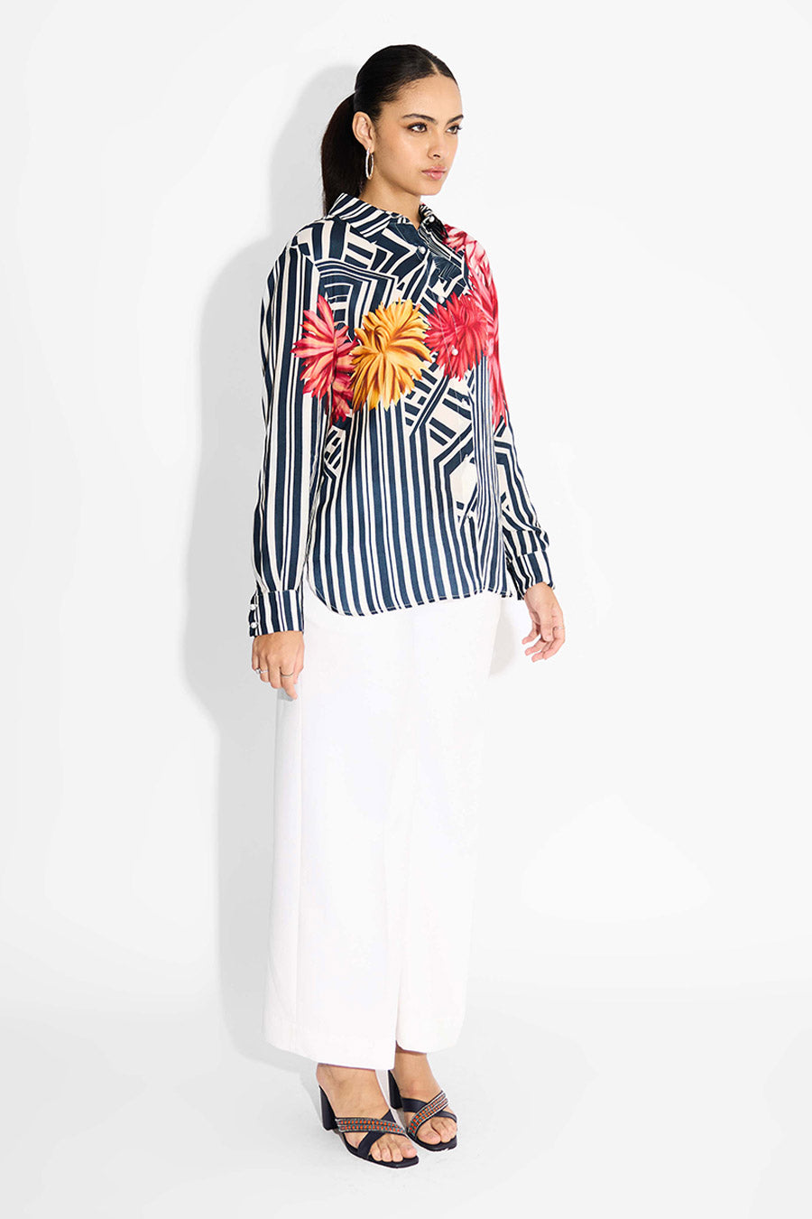Blue Floral Striped High-Low Shirt