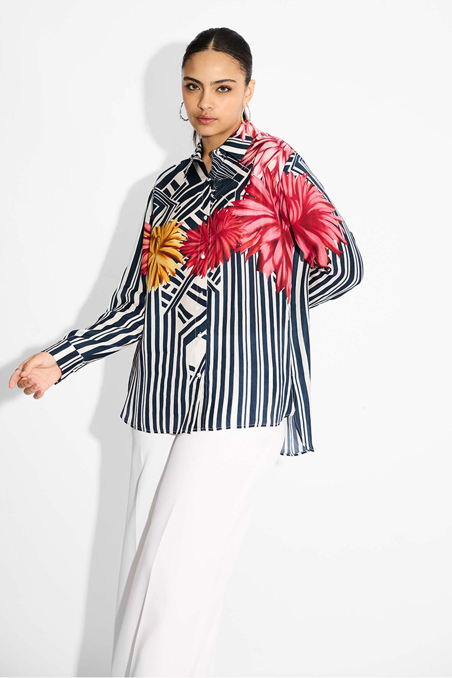 Blue Floral Striped High-Low Shirt