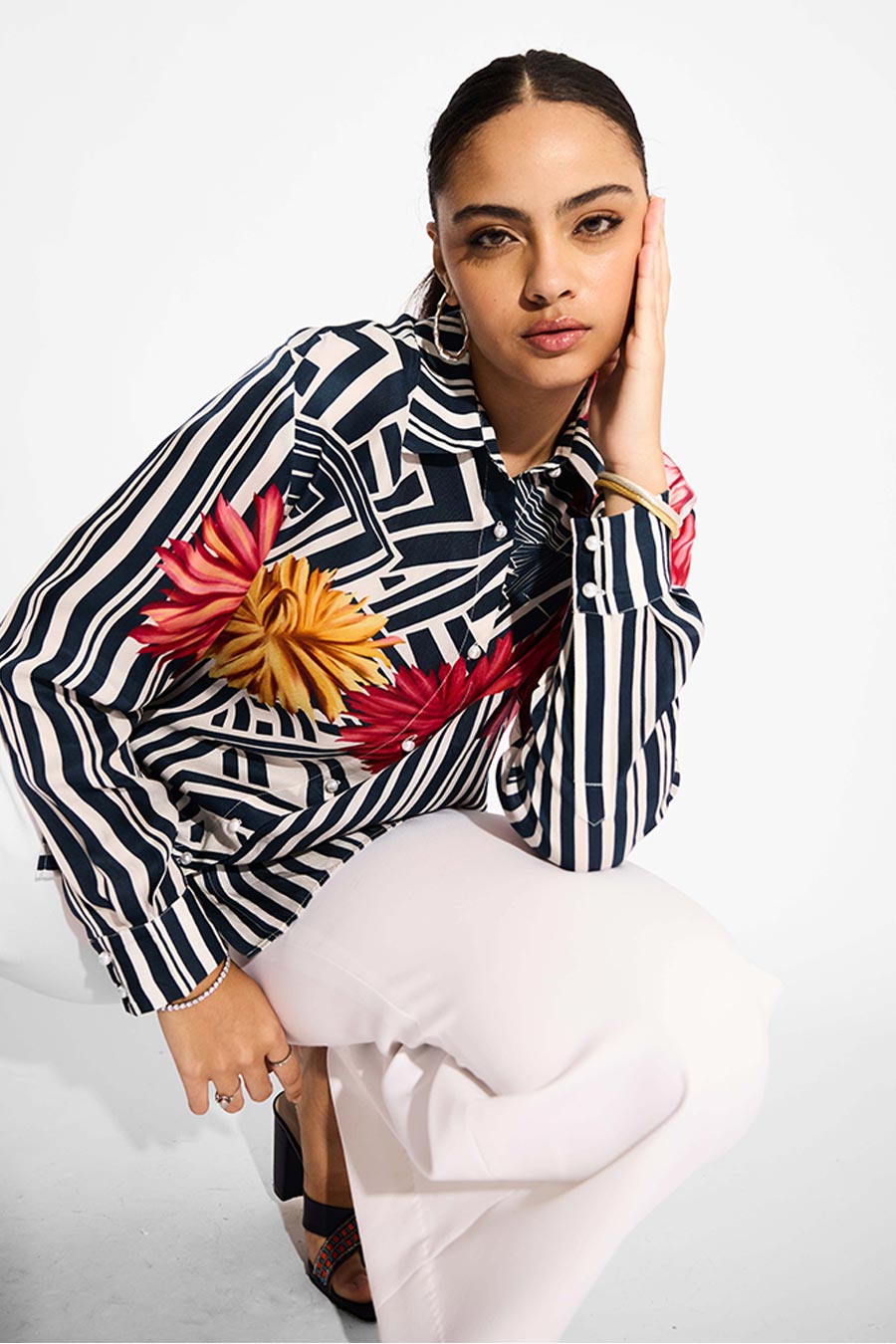 Blue Floral Striped High-Low Shirt
