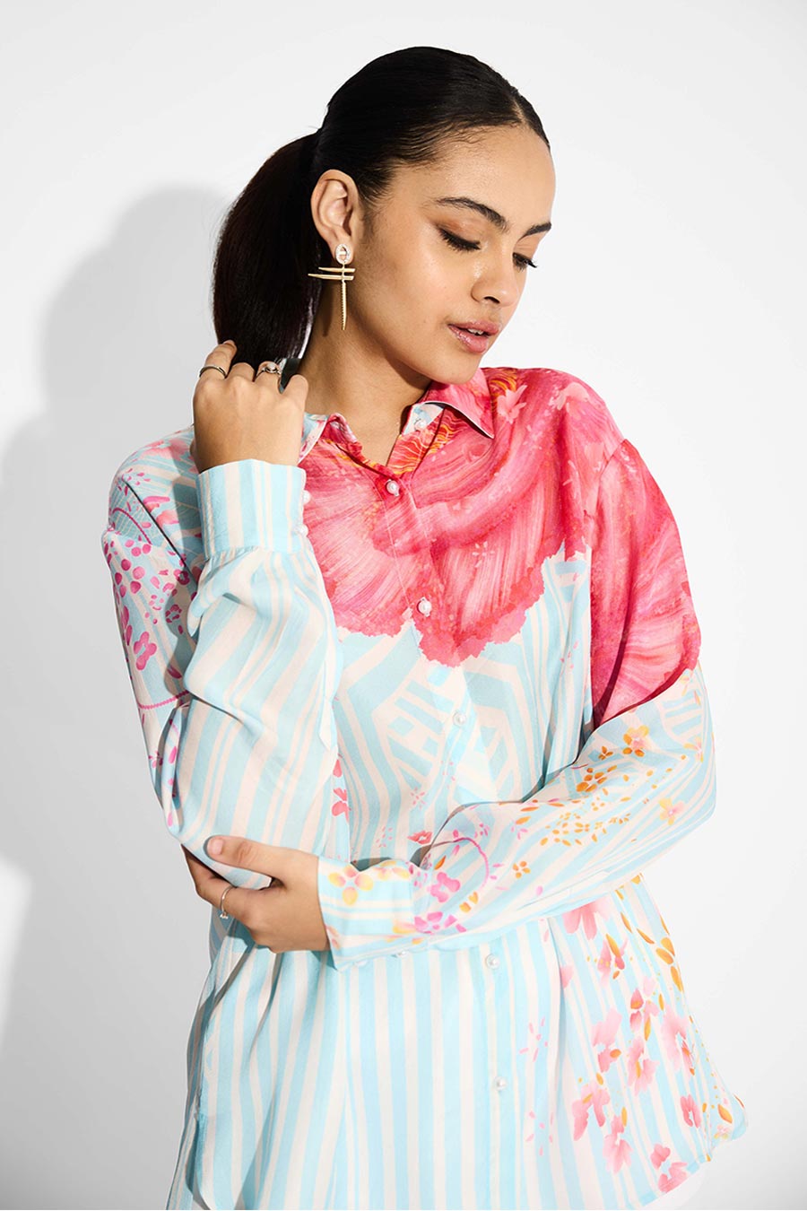 Sky Blue Floral Striped High-Low Shirt