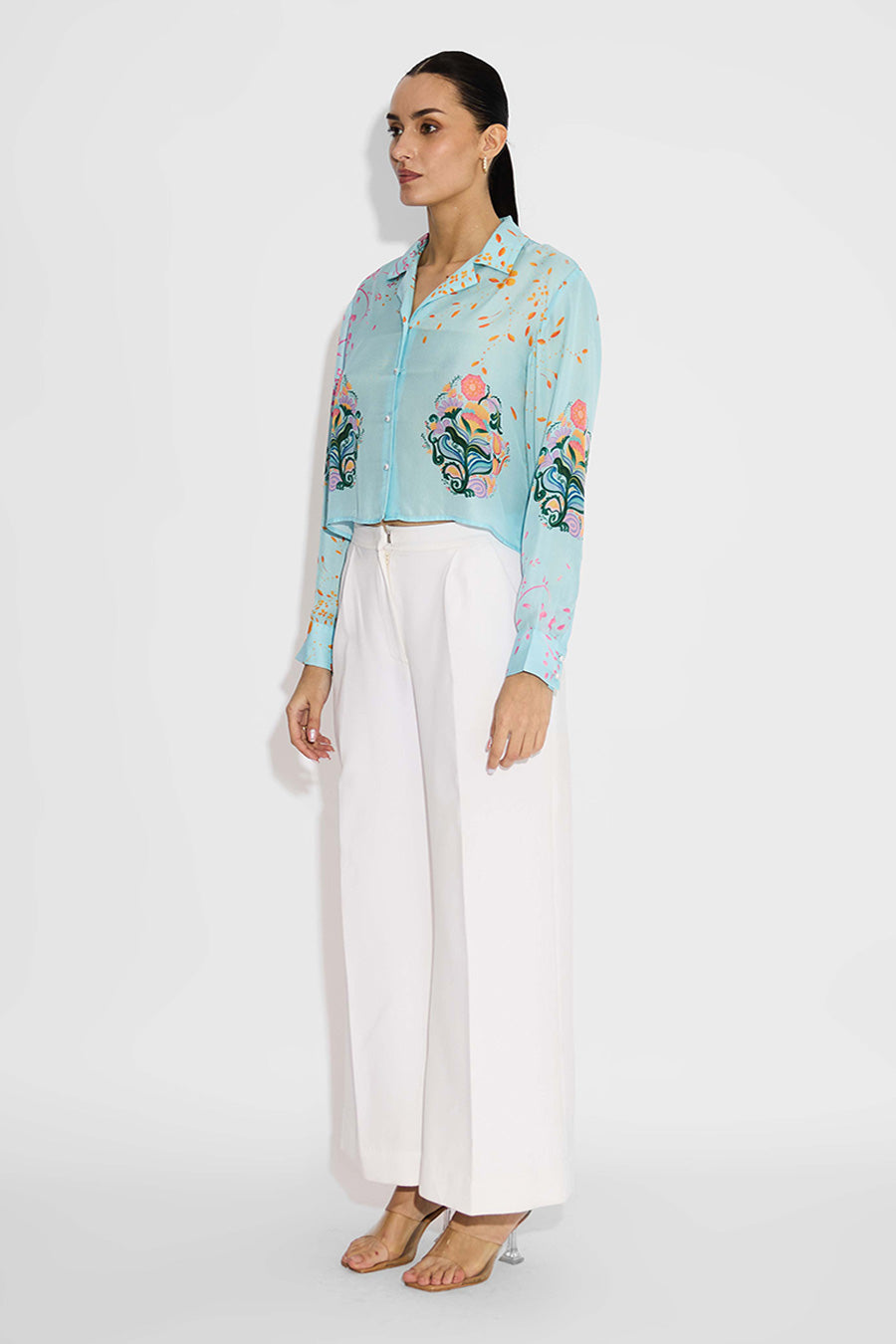 Blue Floral Printed Crop Shirt