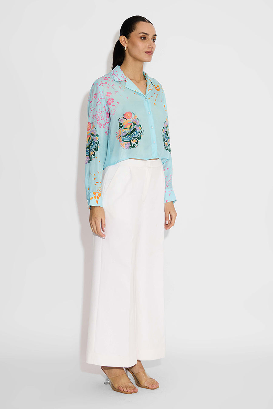 Blue Floral Printed Crop Shirt