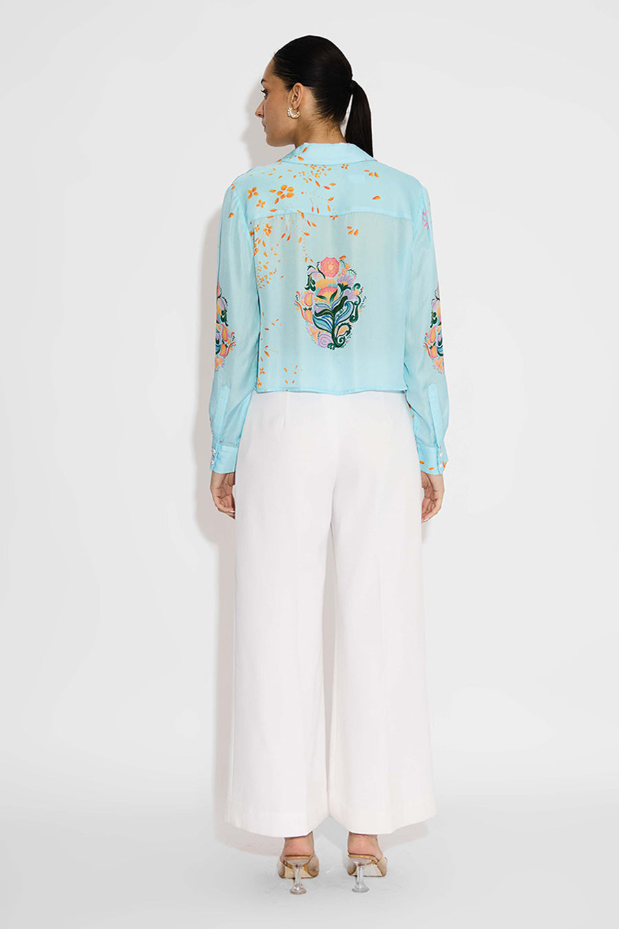 Blue Floral Printed Crop Shirt