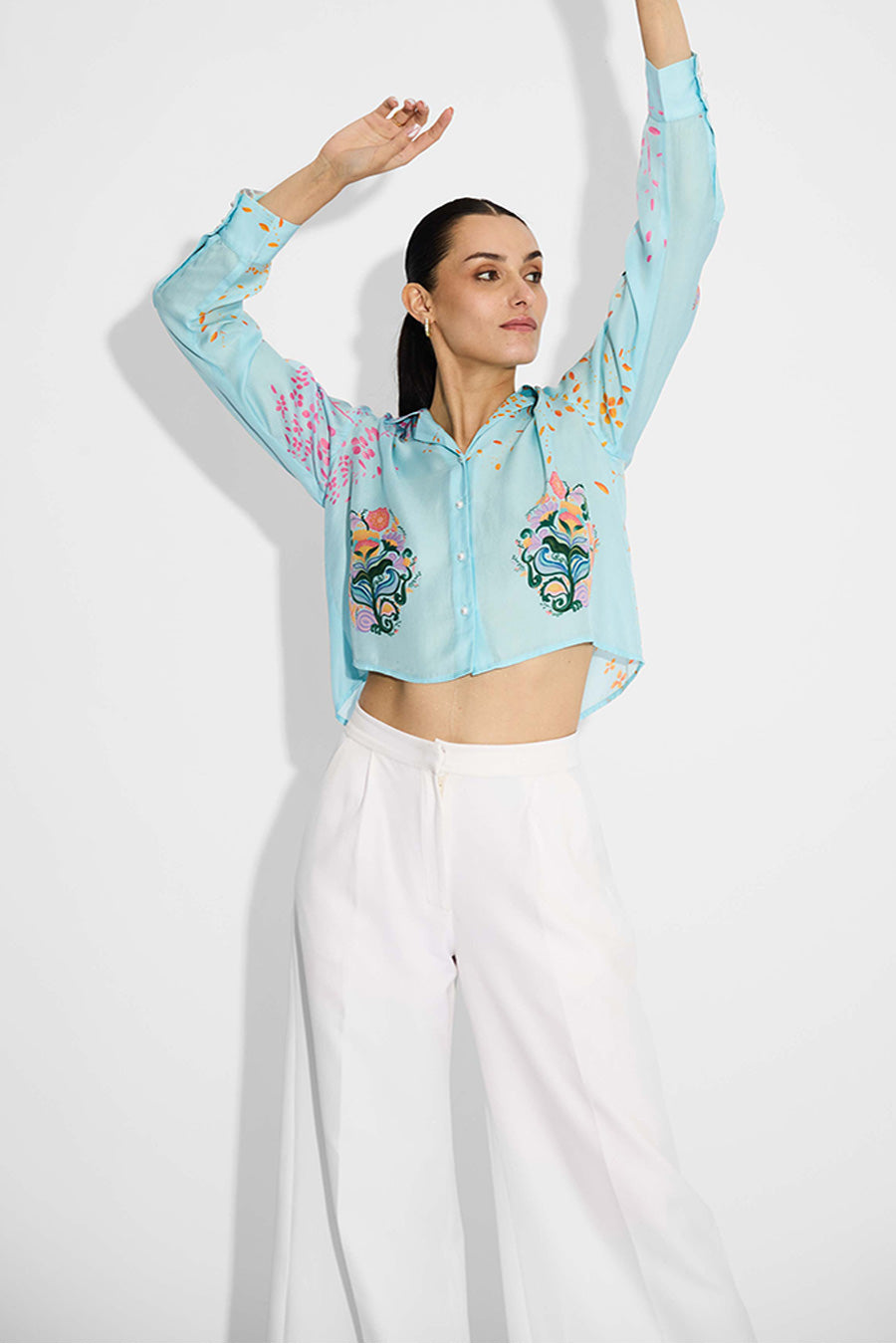 Blue Floral Printed Crop Shirt