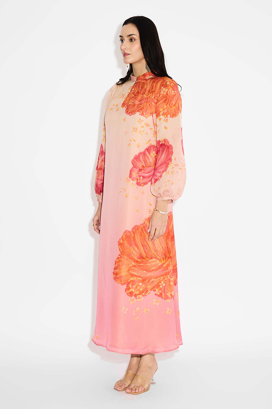 Pink Ombre Floral Printed Long Dress