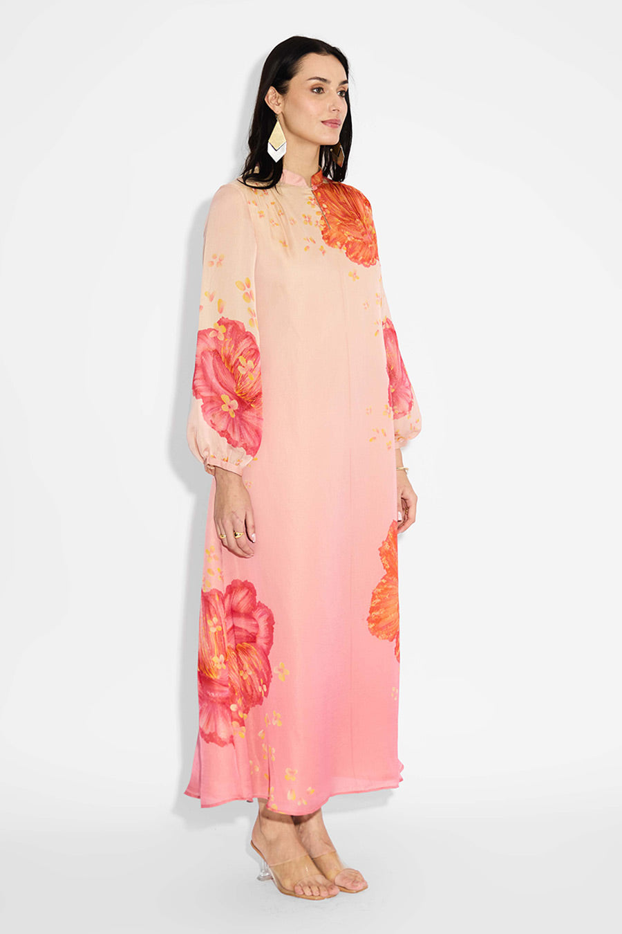 Pink Ombre Floral Printed Long Dress