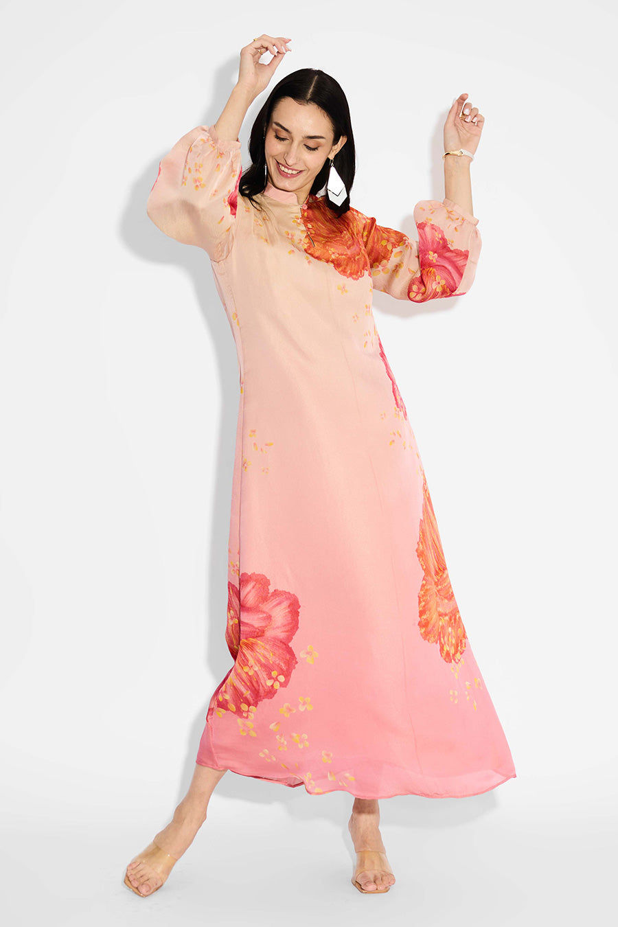 Pink Ombre Floral Printed Long Dress