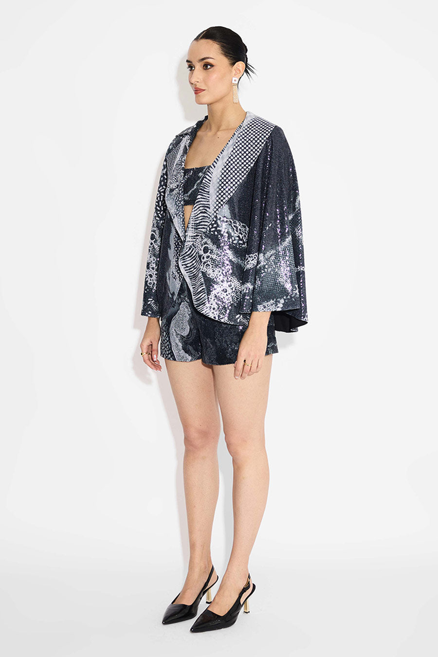 Black Sequins Printed Cape Jacket