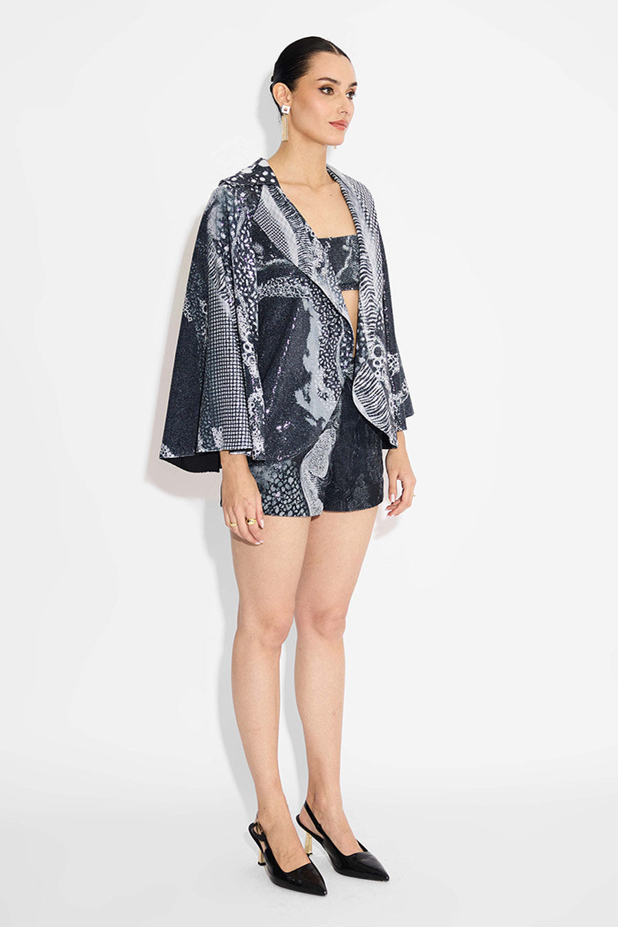 Black Sequins Printed Cape Jacket