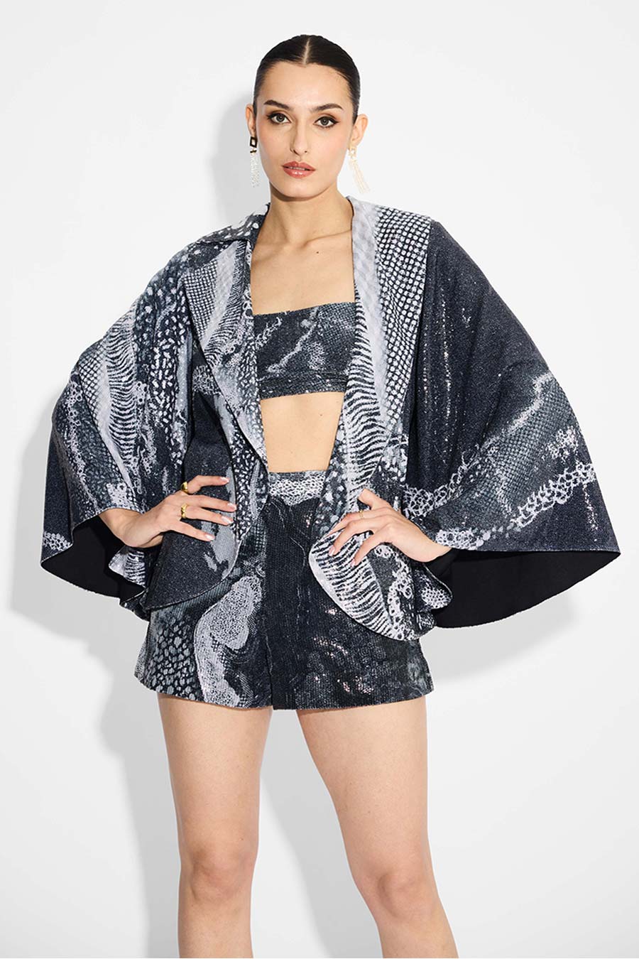 Black Sequins Printed Cape Jacket