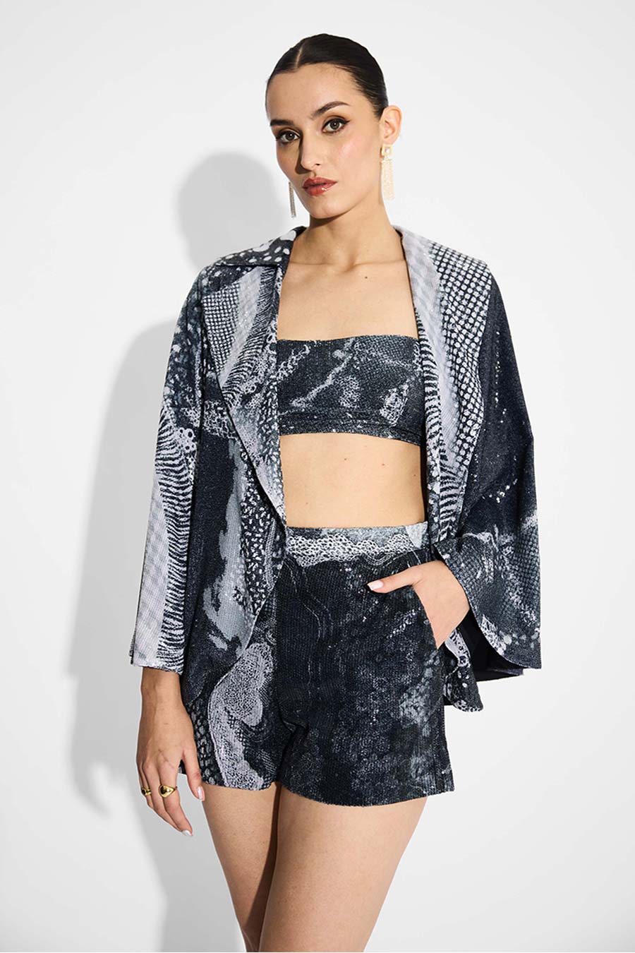 Black Sequins Printed Cape Jacket