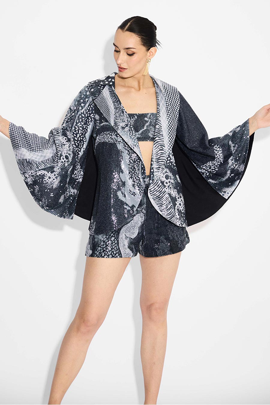 Black Sequins Printed Cape Jacket