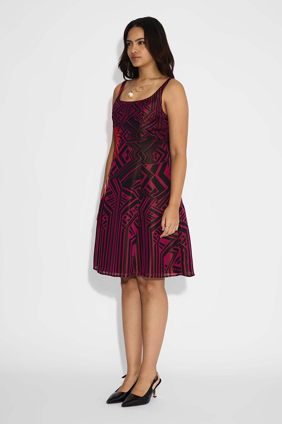 Black & Dark Mauve Floral Striped Dress
