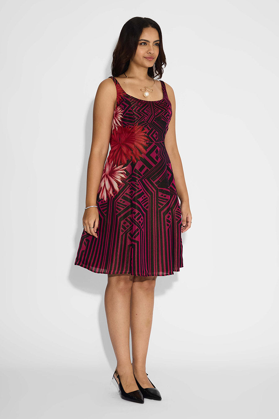 Black & Dark Mauve Floral Striped Dress