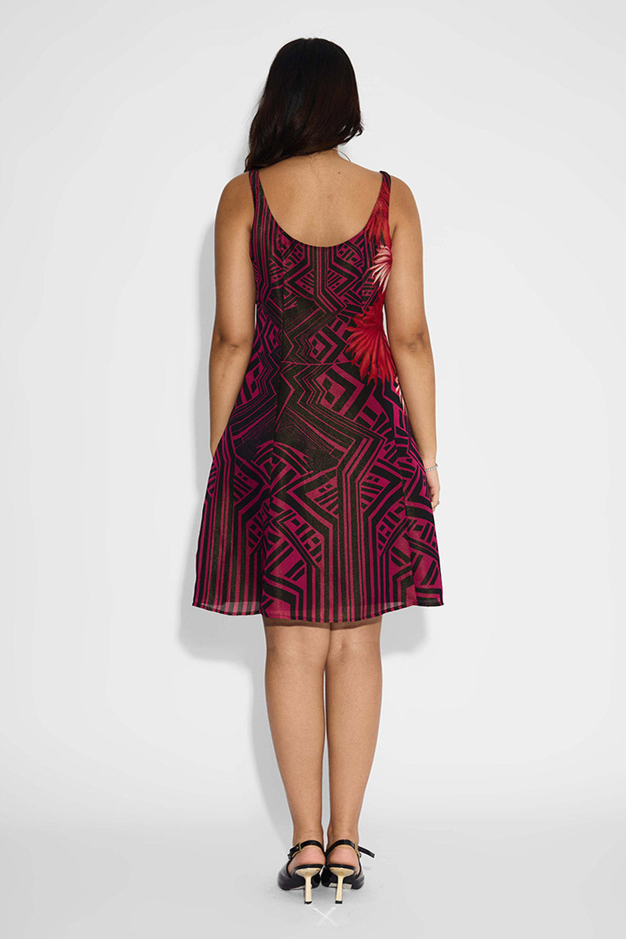 Black & Dark Mauve Floral Striped Dress