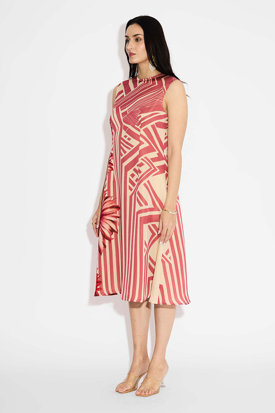 Beige & Pink Floral Striped Dress