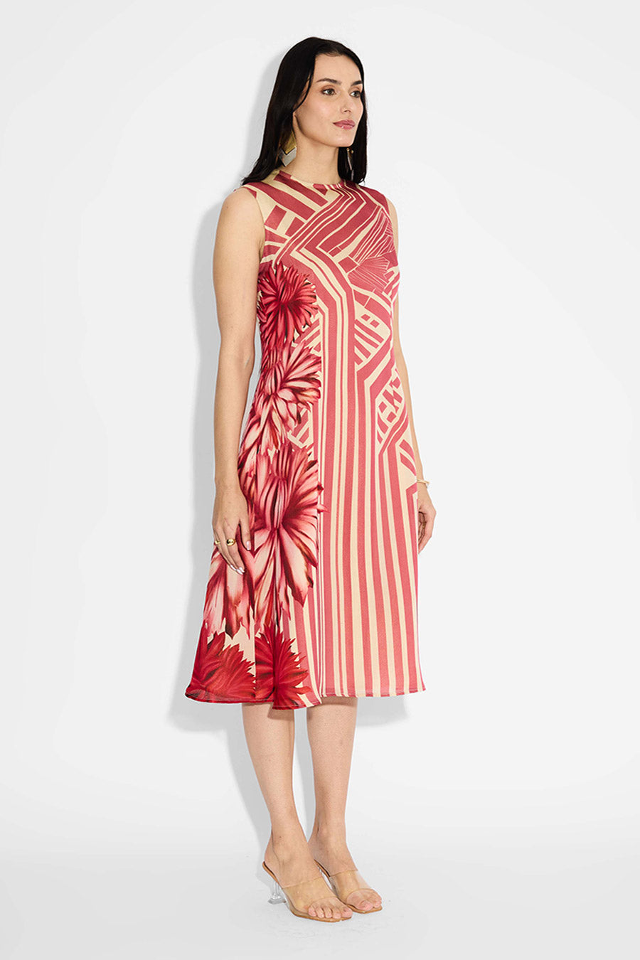 Beige & Pink Floral Striped Dress