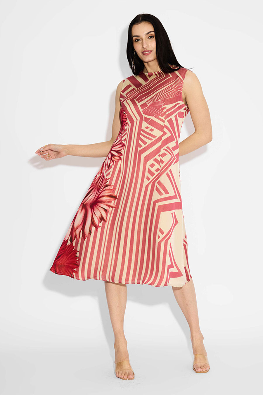 Beige & Pink Floral Striped Dress