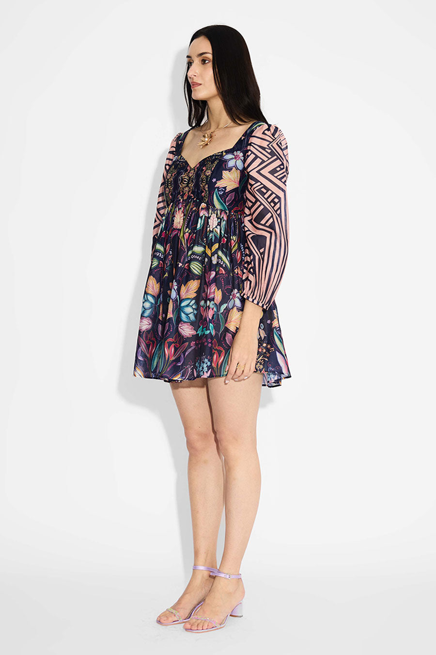 Blue Floral Striped Short Dress