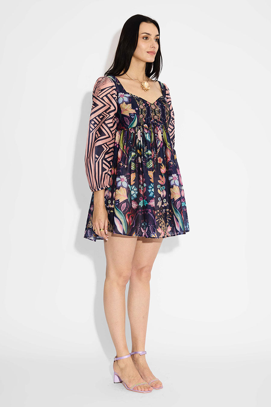 Blue Floral Striped Short Dress