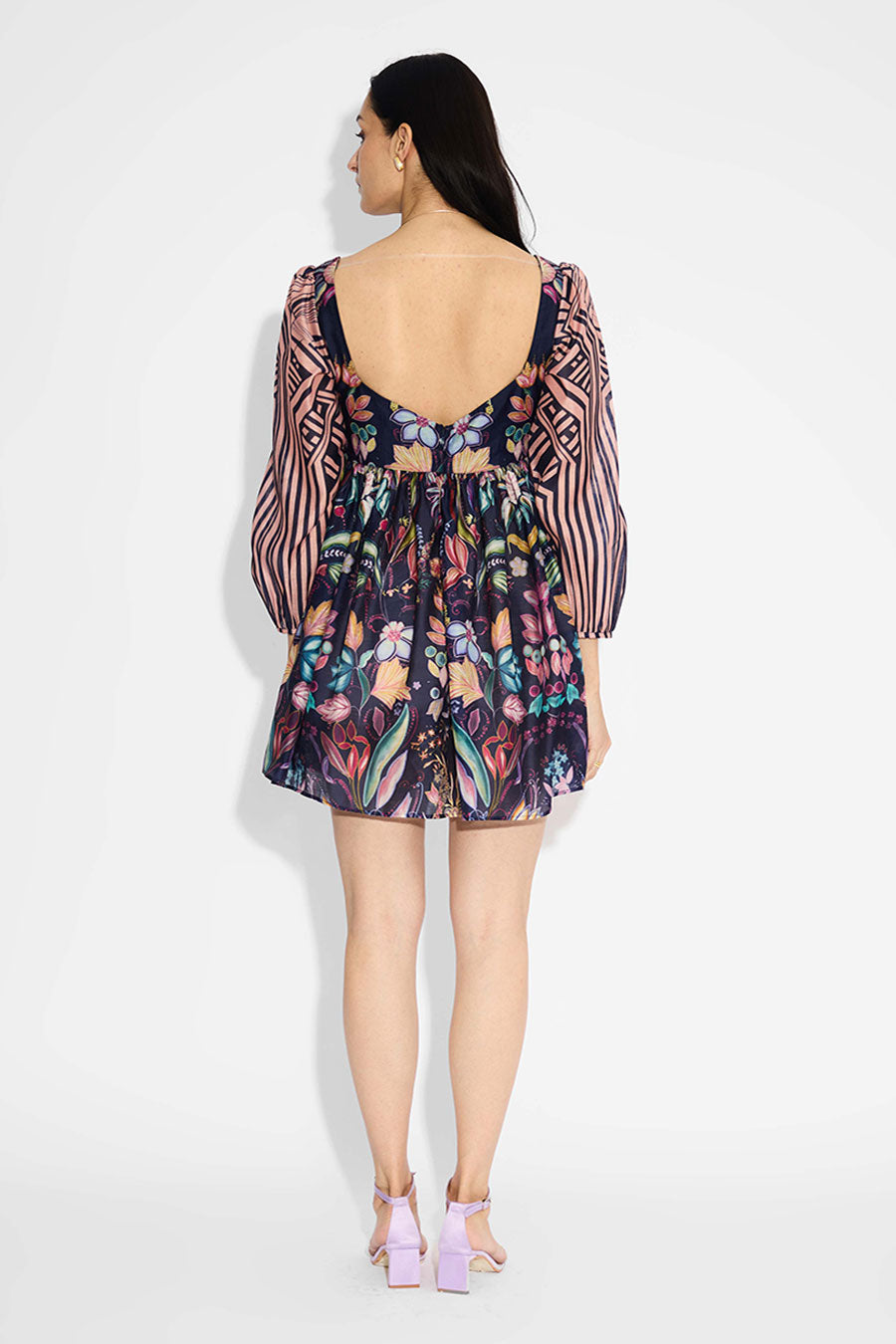 Blue Floral Striped Short Dress