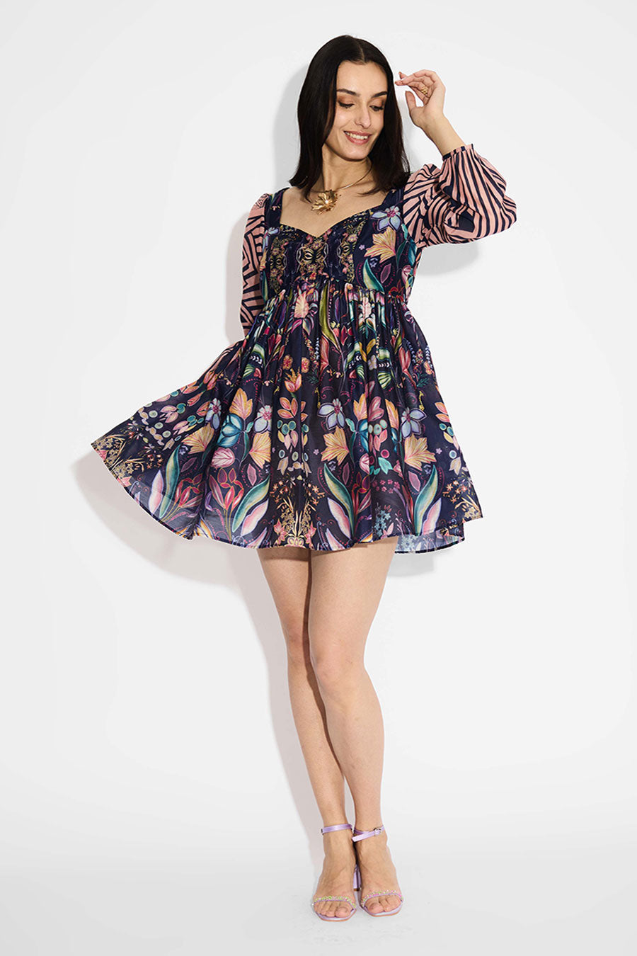 Blue Floral Striped Short Dress