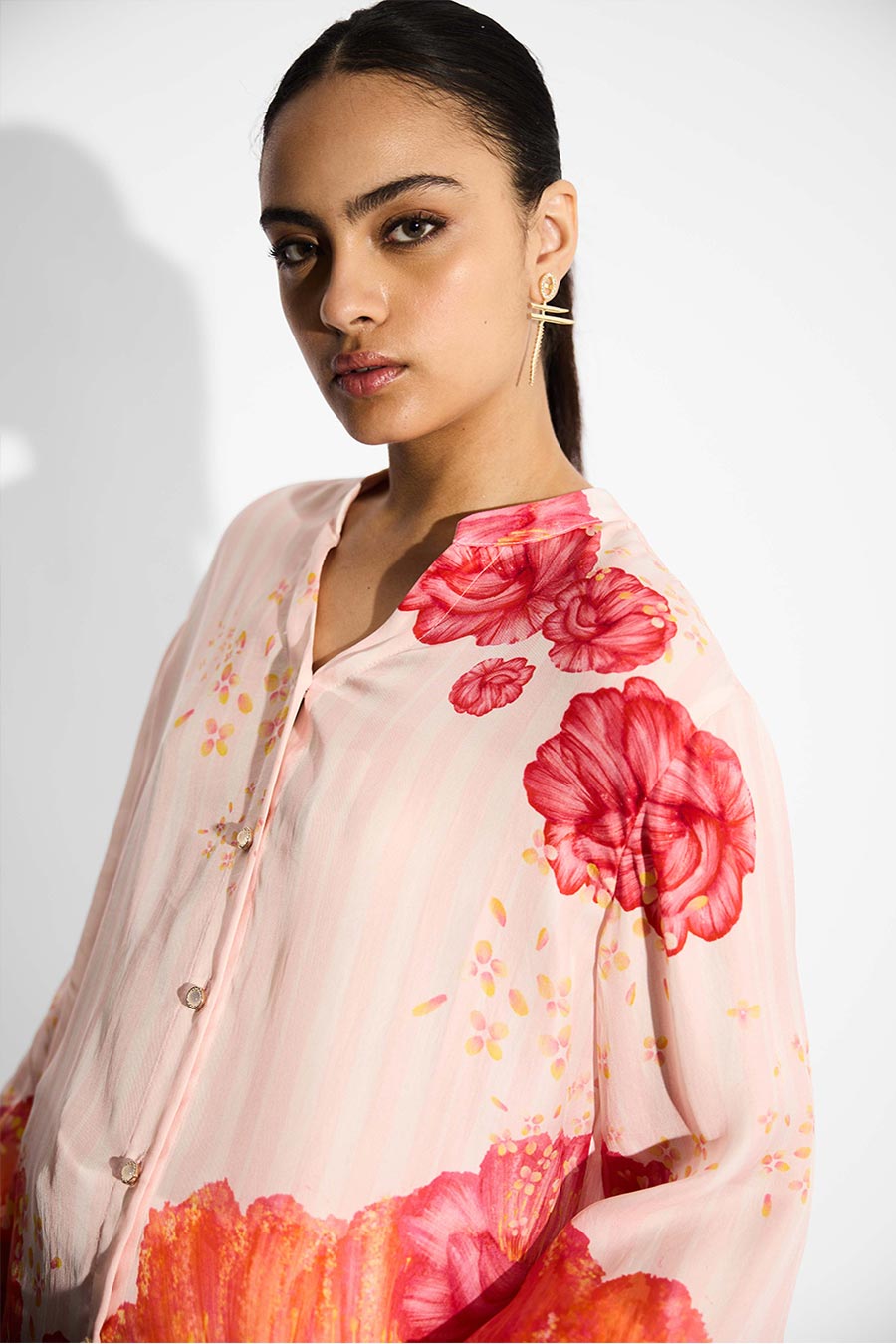 Misty Rose Floral Striped Shirt