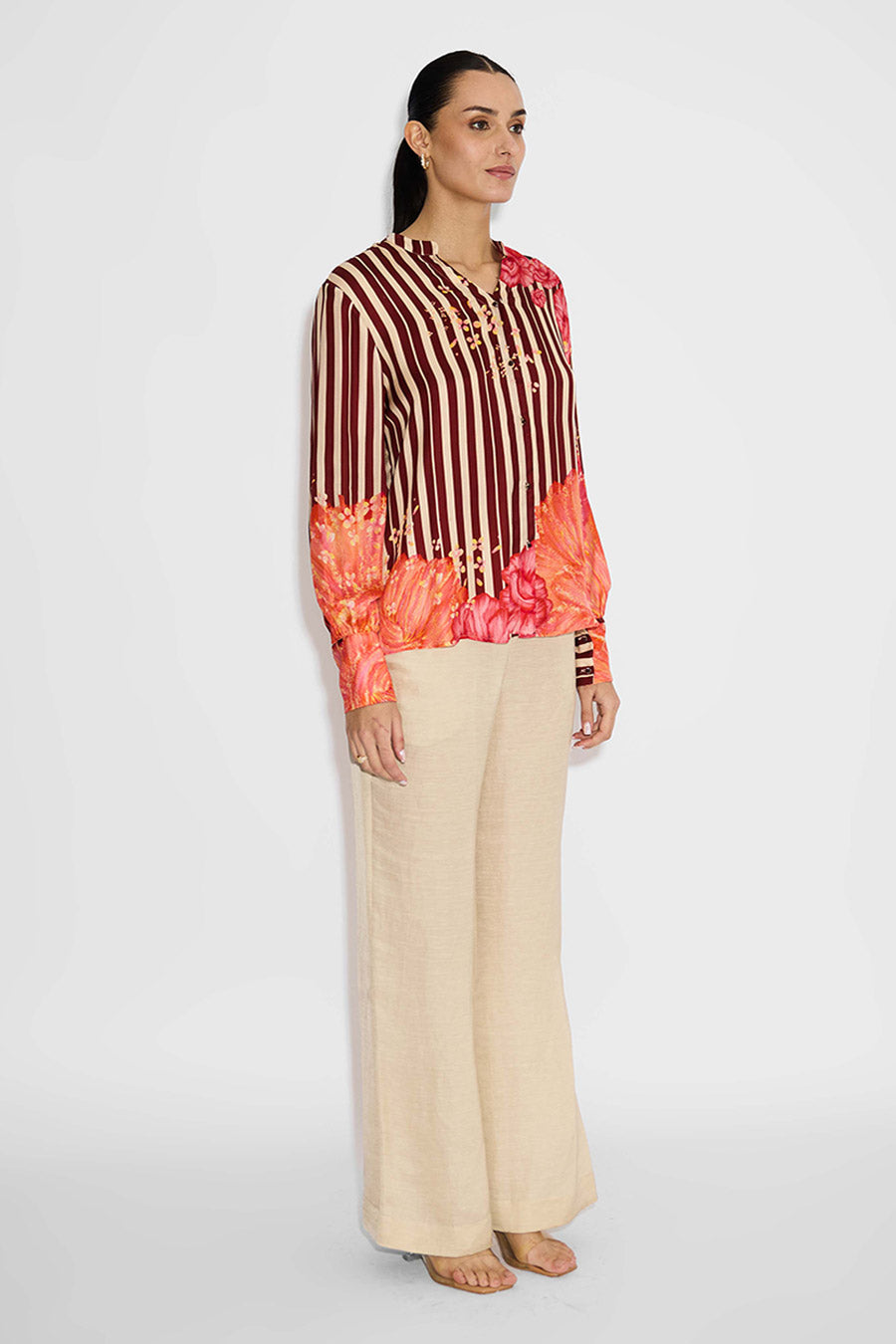Beige Floral Striped Shirt