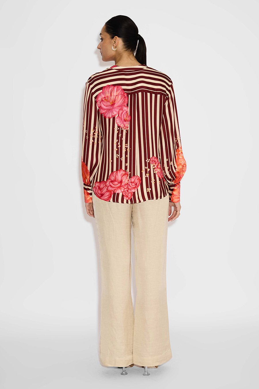Beige Floral Striped Shirt