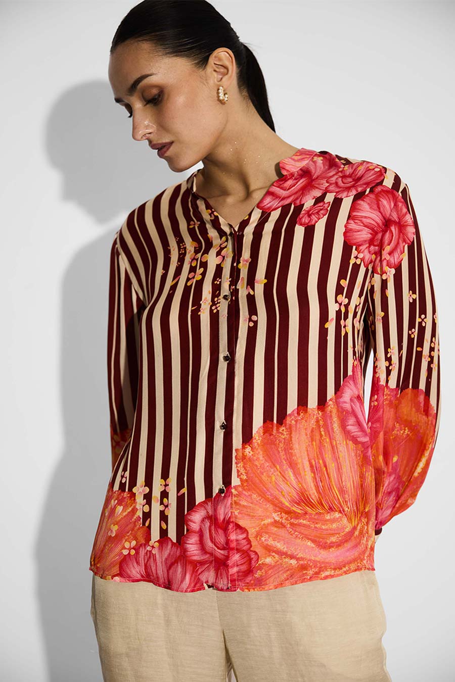 Beige Floral Striped Shirt