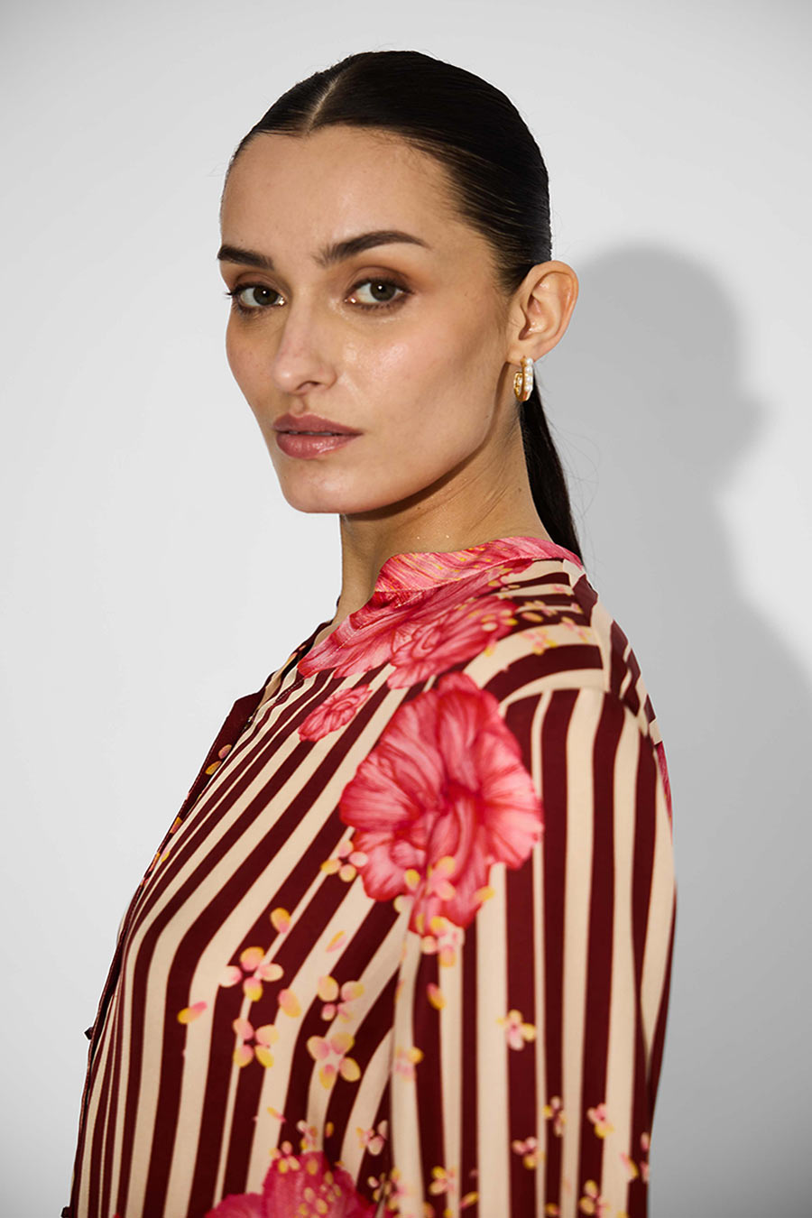 Beige Floral Striped Shirt