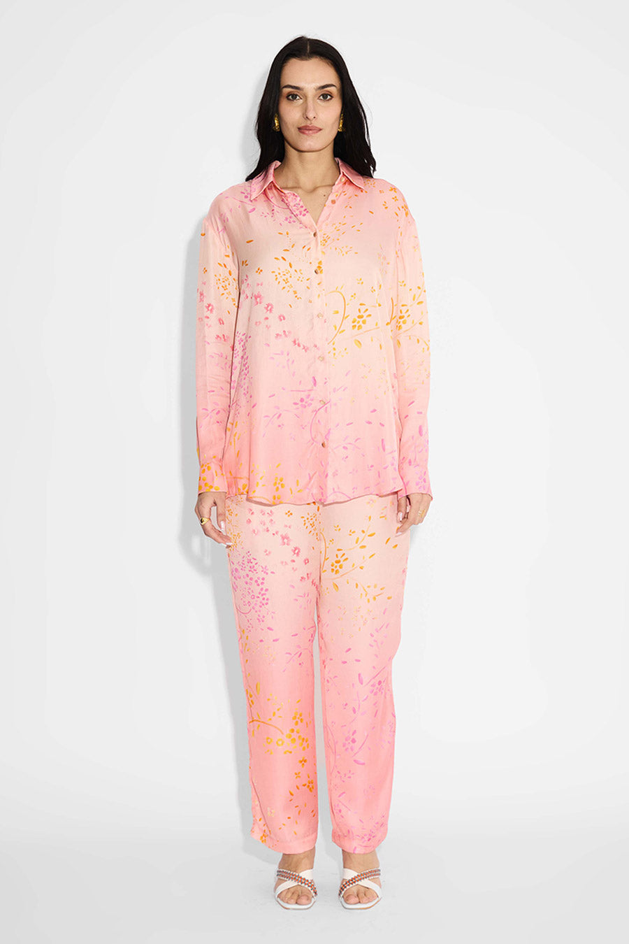 Pink Ombre Floral Printed Shirt & Pant Co-Ord Set