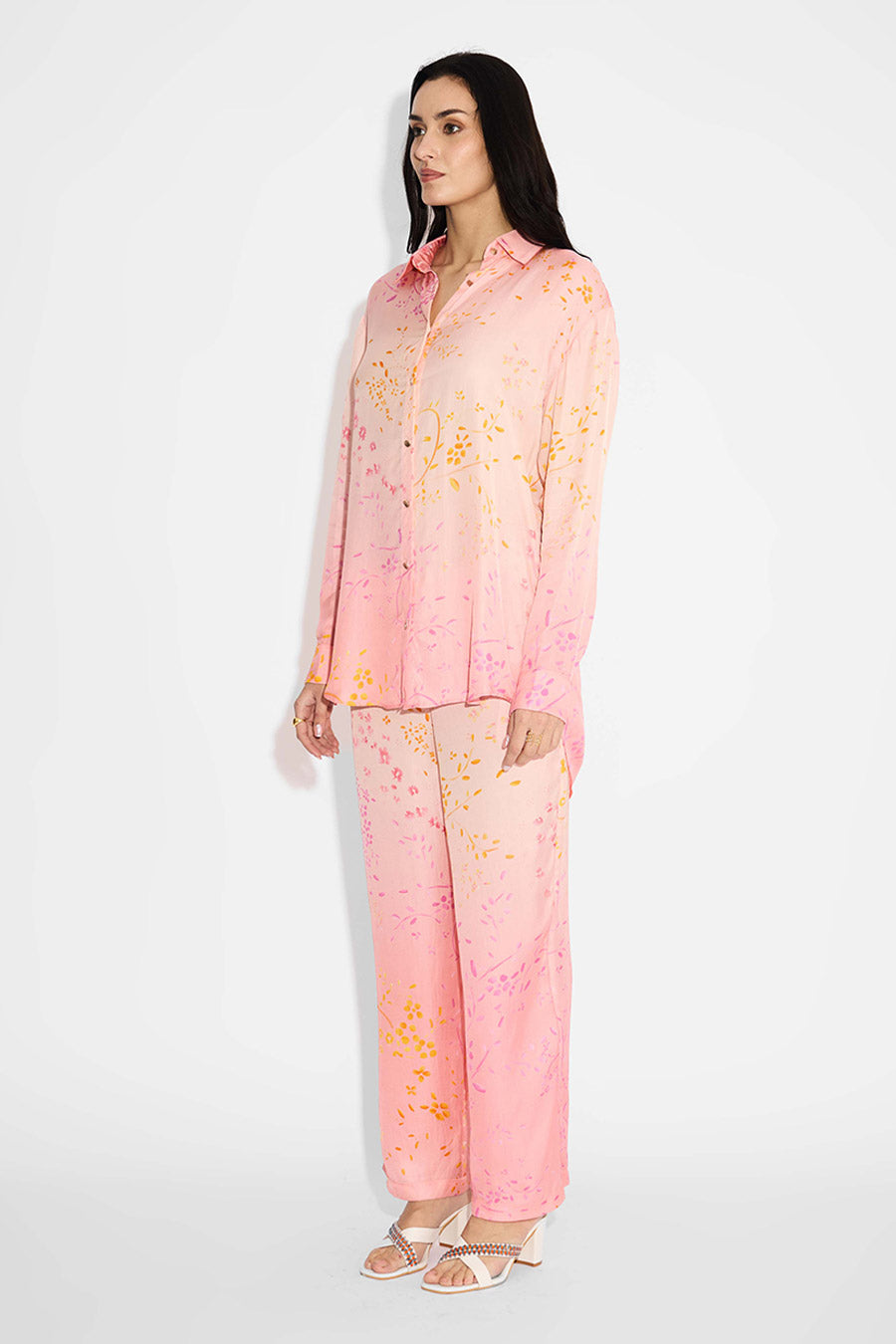 Pink Ombre Floral Printed Shirt & Pant Co-Ord Set