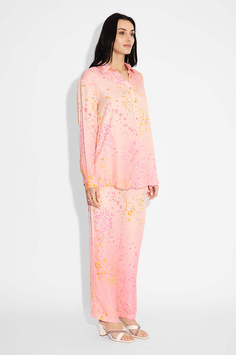 Pink Ombre Floral Printed Shirt & Pant Co-Ord Set