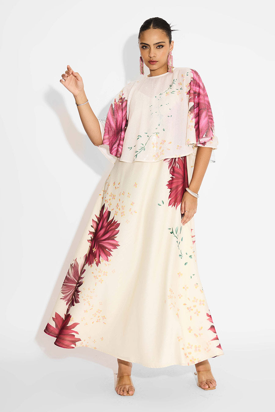 Ivory Floral Sequins Flared Dress & Cape Set