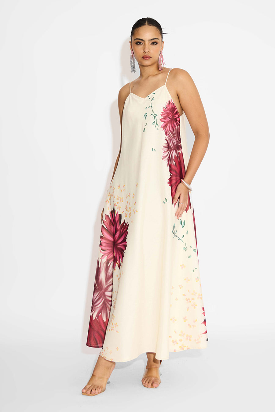 Ivory Floral Sequins Flared Dress & Cape Set