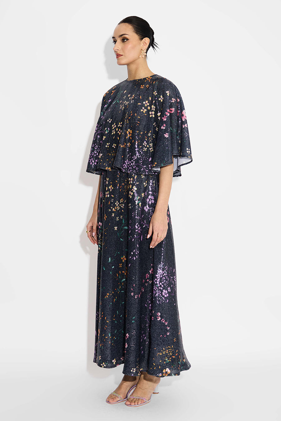 Black Floral Sequins Flared Dress & Cape Set