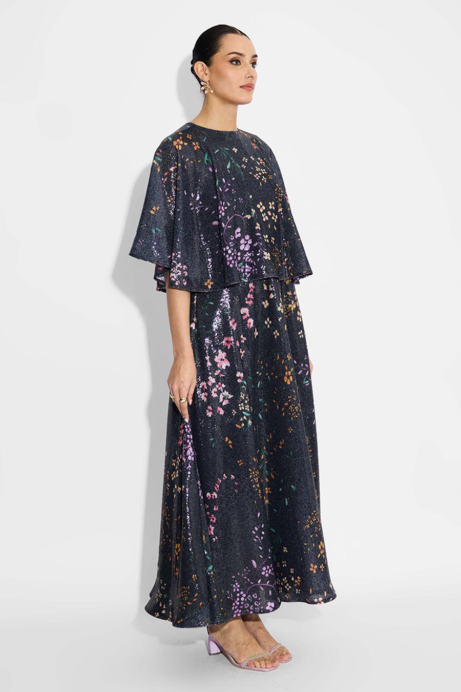 Black Floral Sequins Flared Dress & Cape Set