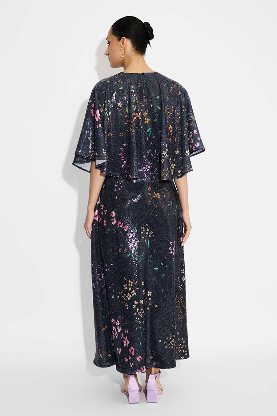 Black Floral Sequins Flared Dress & Cape Set