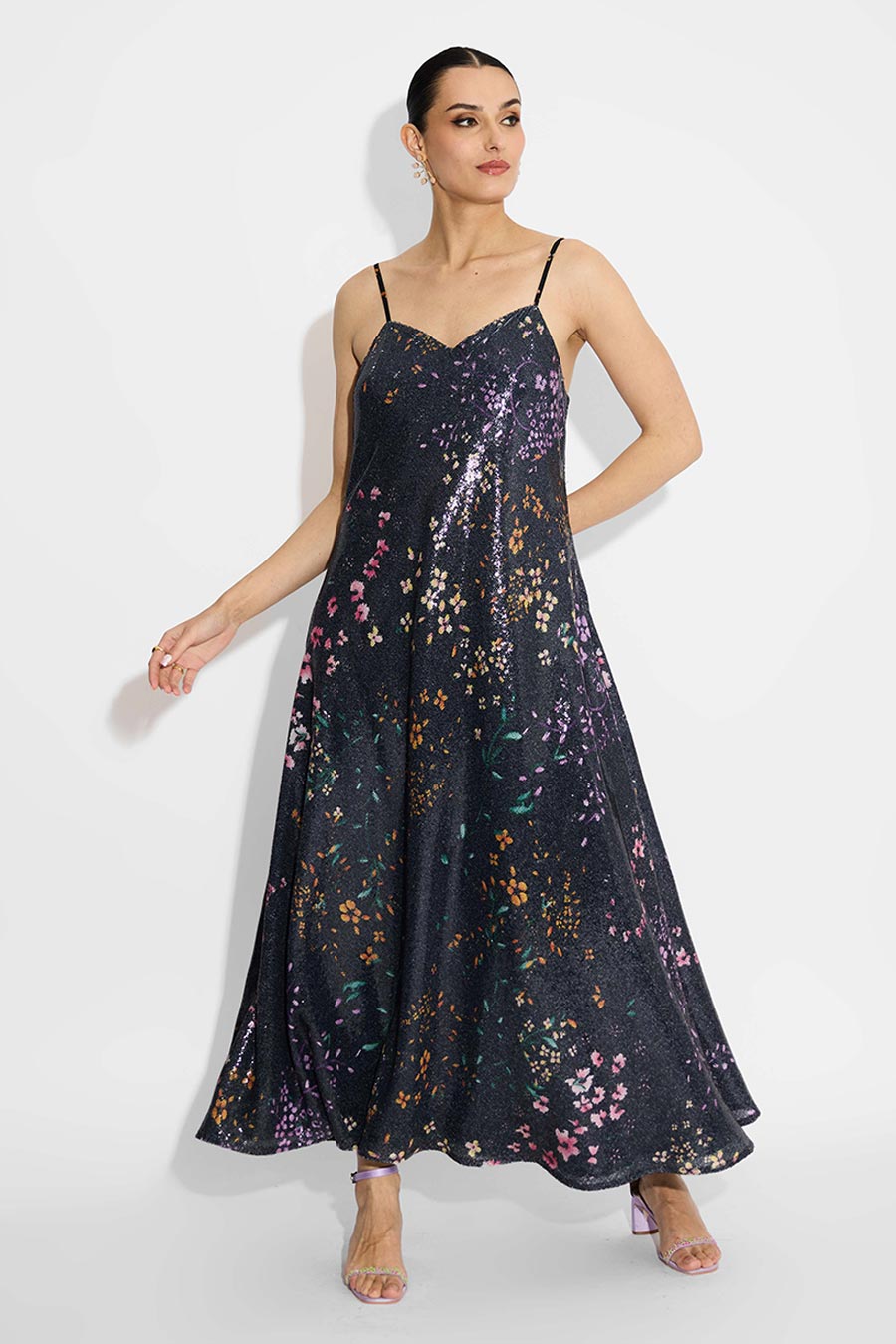 Black Floral Sequins Flared Dress & Cape Set