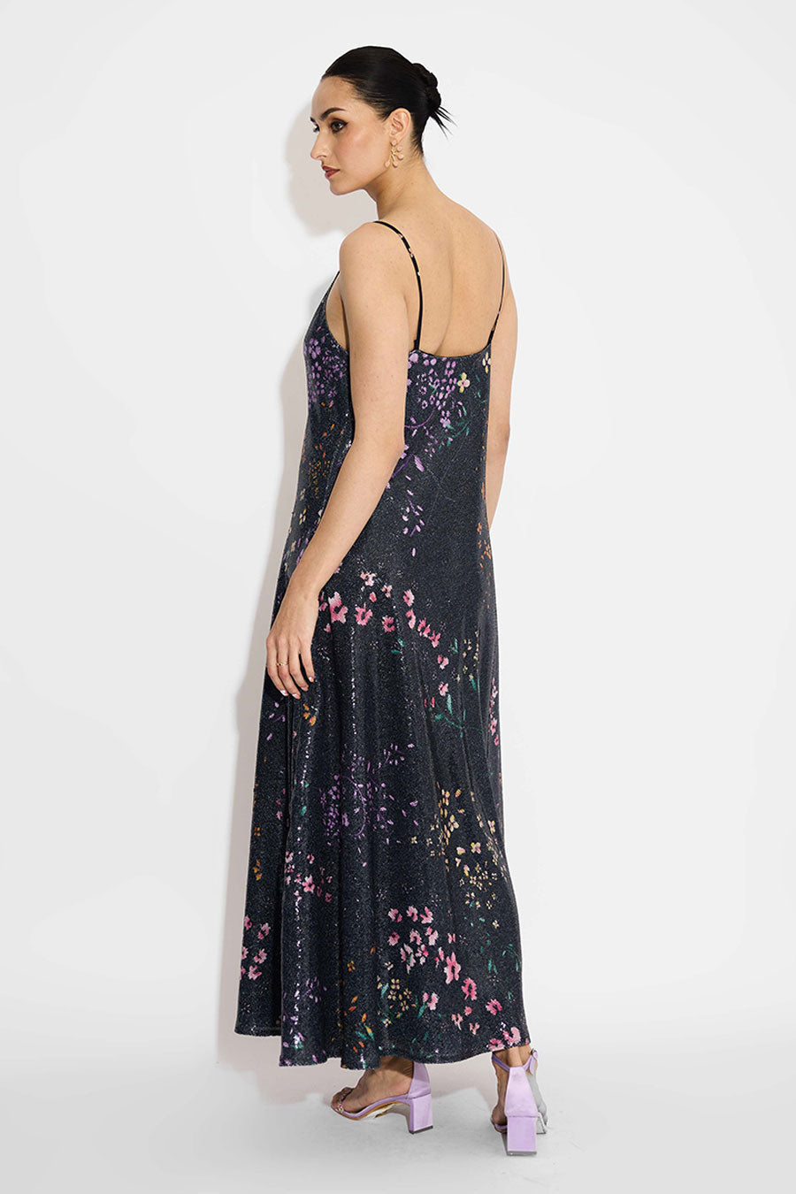 Black Floral Sequins Flared Dress & Cape Set