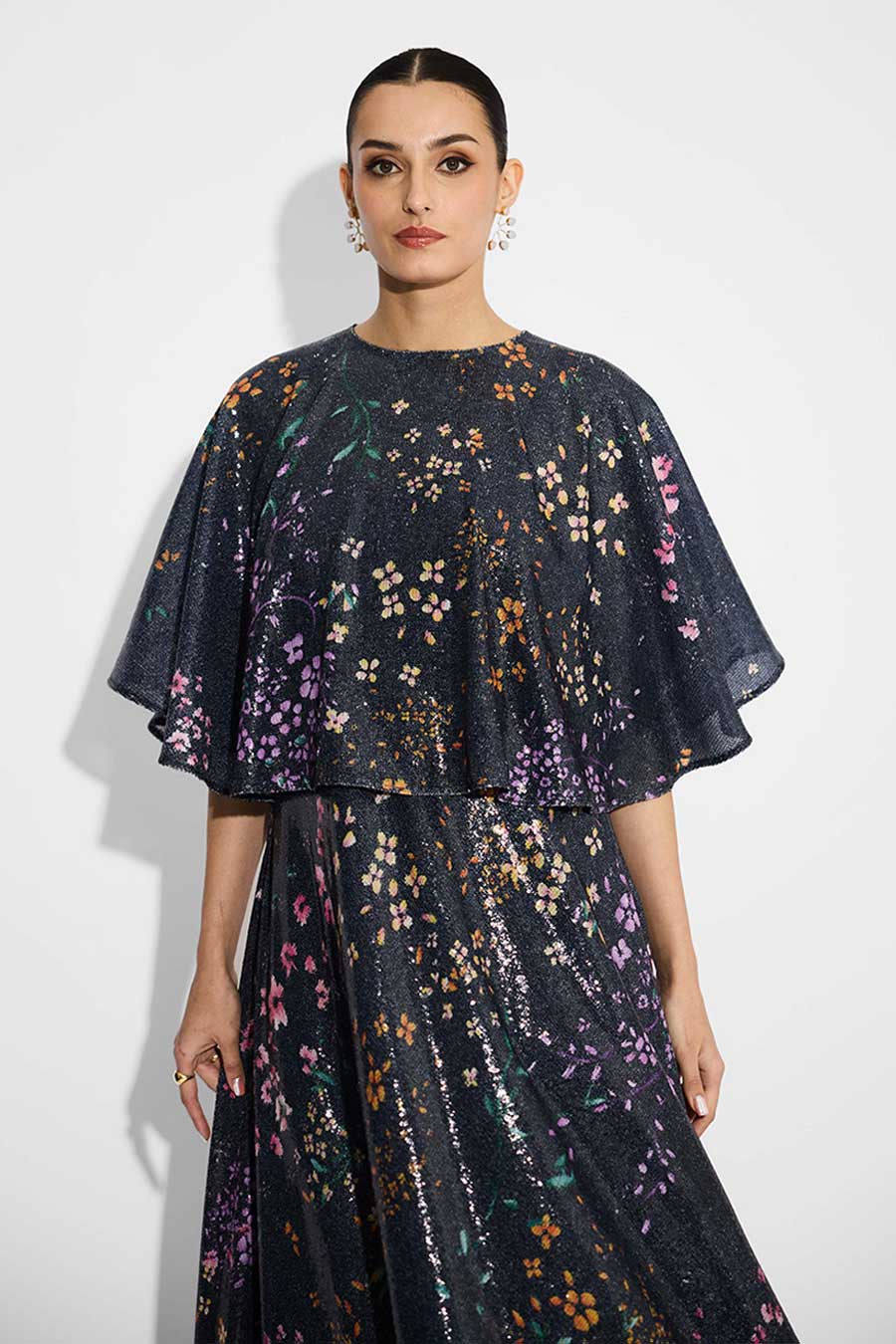 Black Floral Sequins Flared Dress & Cape Set
