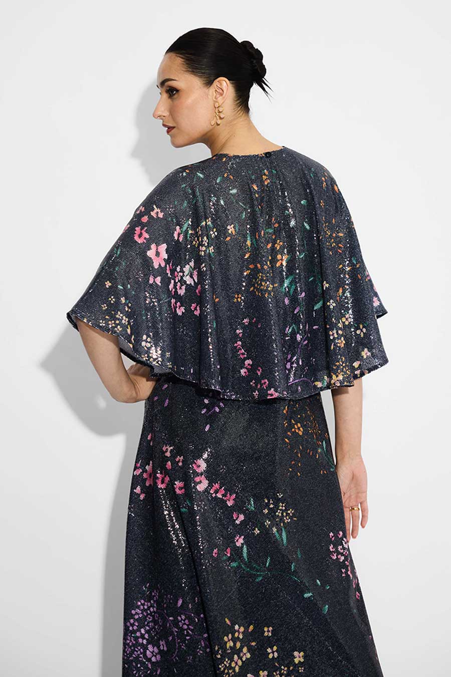 Black Floral Sequins Flared Dress & Cape Set