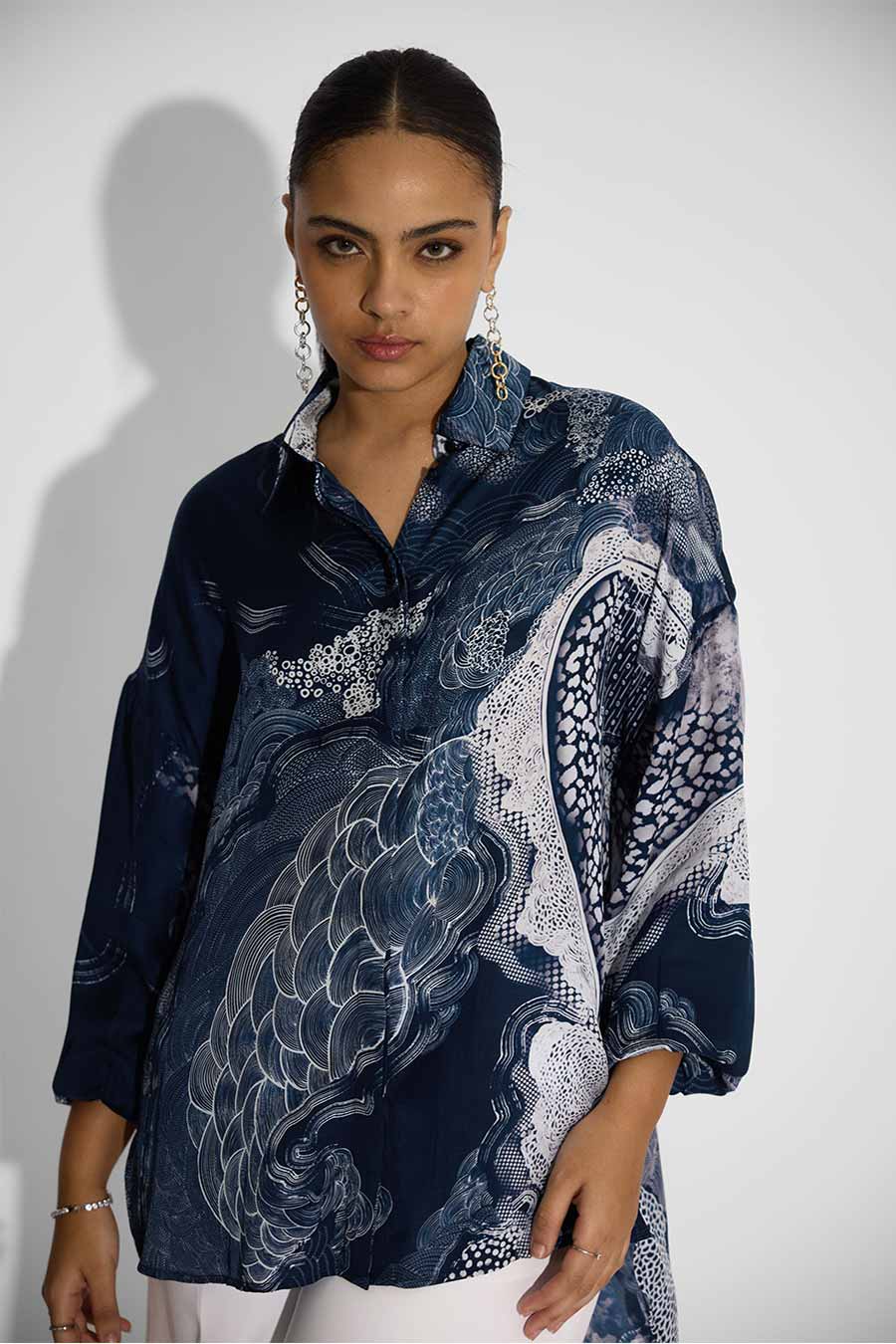 Blue Printed High-Low Shirt