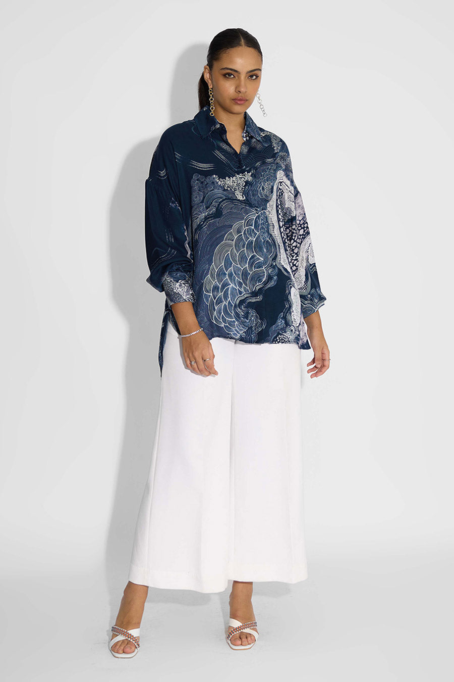Blue Printed High-Low Shirt